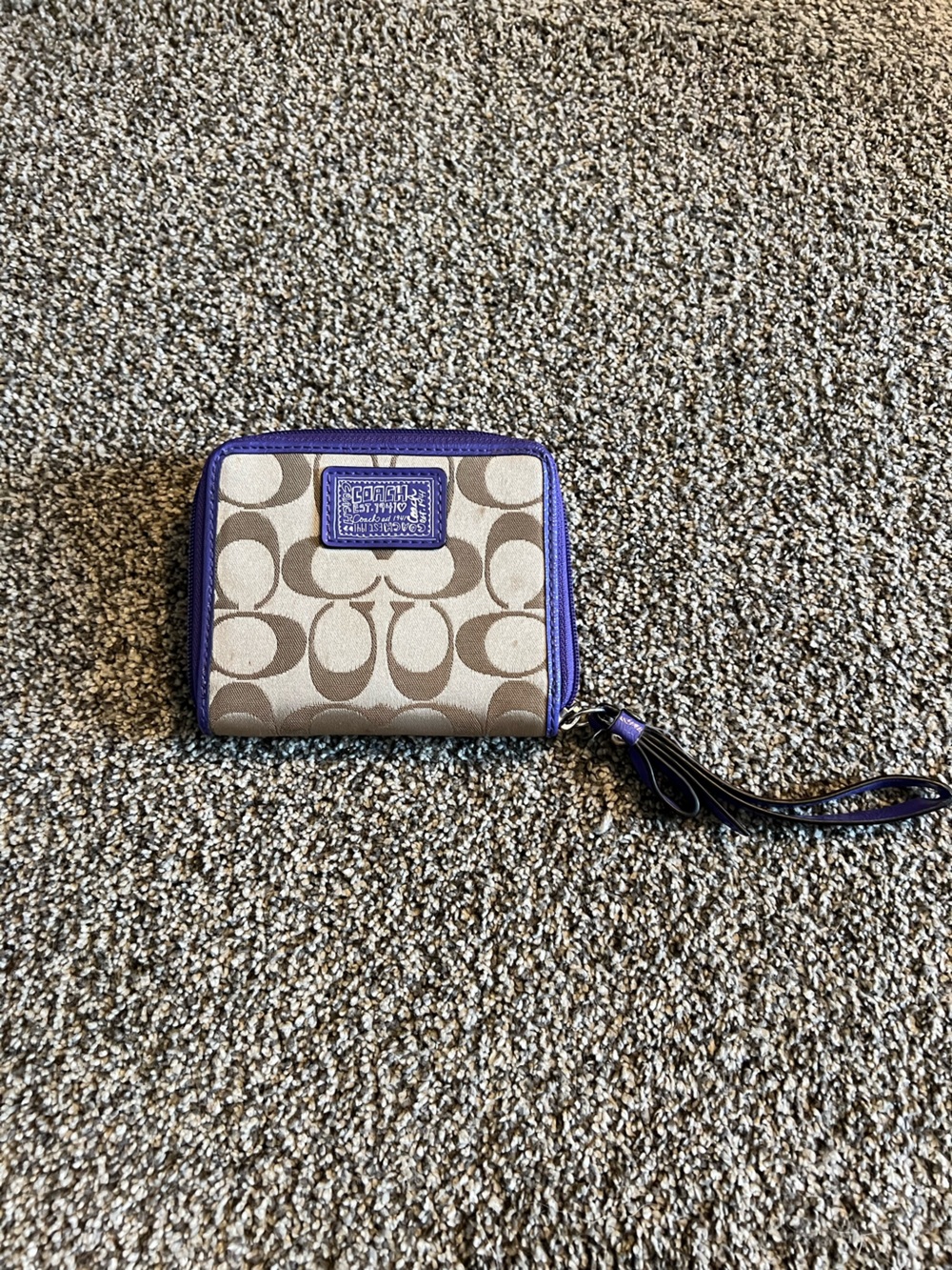 Coach Beige Signature Wallet with Purple Trim